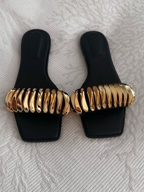 Jonathan Simkhai Black Slide Sandals with Gold Chain Accent